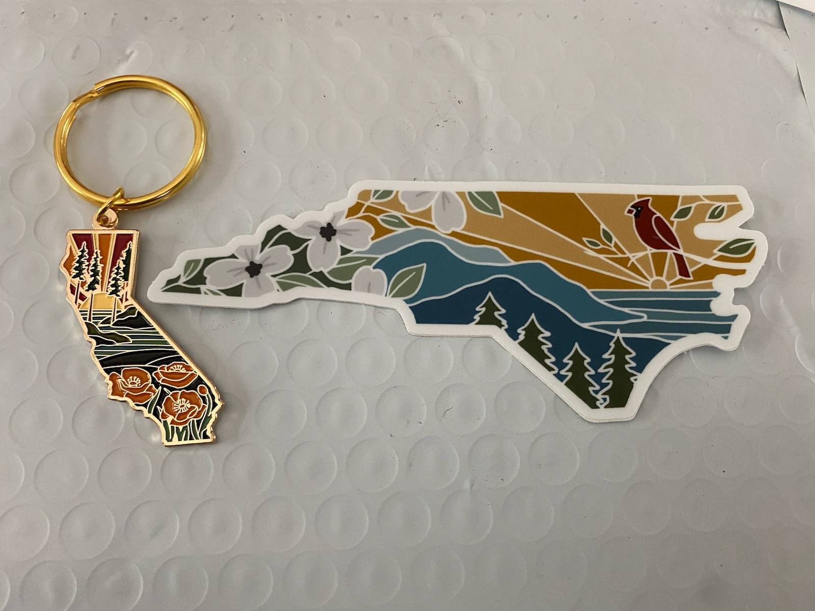 California Poppy Soft Enamel Keychain 1.5&quot; | California Outline Key Ring | Illustrated State Keychain