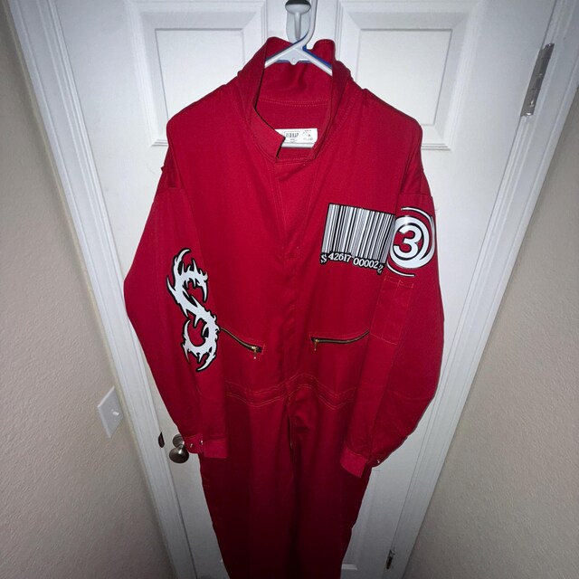 Dystopian Alpha Series Scarlet Barcode Jumpsuit. Red Jumpsuit