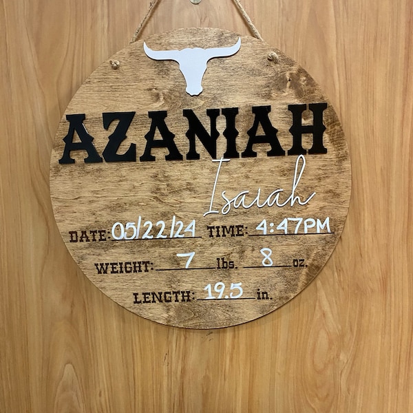 Baby Birth Stats Sign / Bull Western Door Hanger / Wood Round Hospital ...