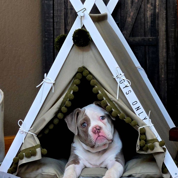 Black Dog Bed With Pom-poms. Boho Chic Dog Teepee Tent. Bohemian French Style Pet Teepee Bed ...