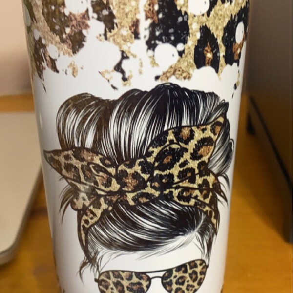 20 OZ Glitter Leopard Mom Life Messy Bun Sublimation Skinny Tumbler ...