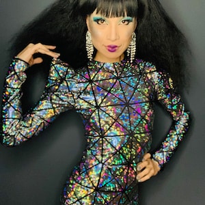 Silver and Black Cracked Tiles Holographic Sharp Shoulder Long - Etsy