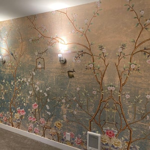 Chinoiserie Peel and Stick Wallpaper Mural Turquoise Vintage Cherry ...