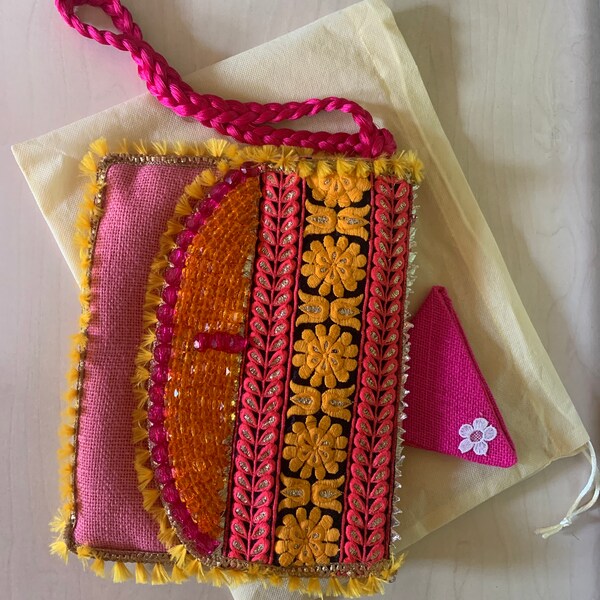 Pink Tussar Silk Kantha Hand Embroidered Dupatta