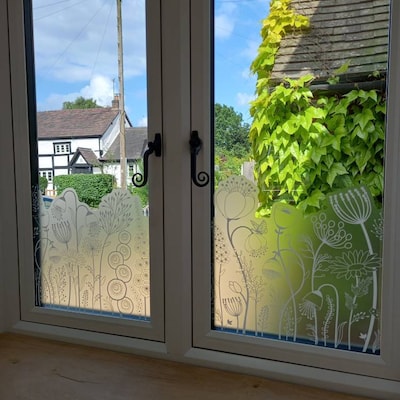 Watercolour Spring Meadow Window Decal Reusable Pink Blue Flower Window ...