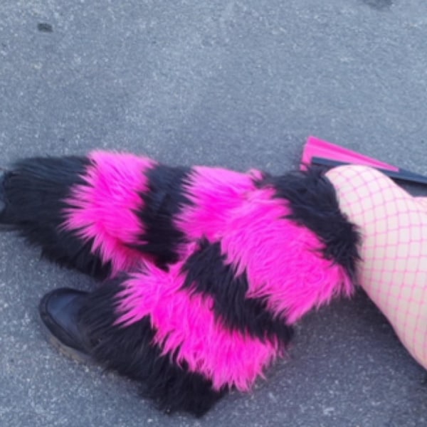 Black Hot Pink Striped Rave Fluffies, Furry Boot Covers, Fluffy Leg ...