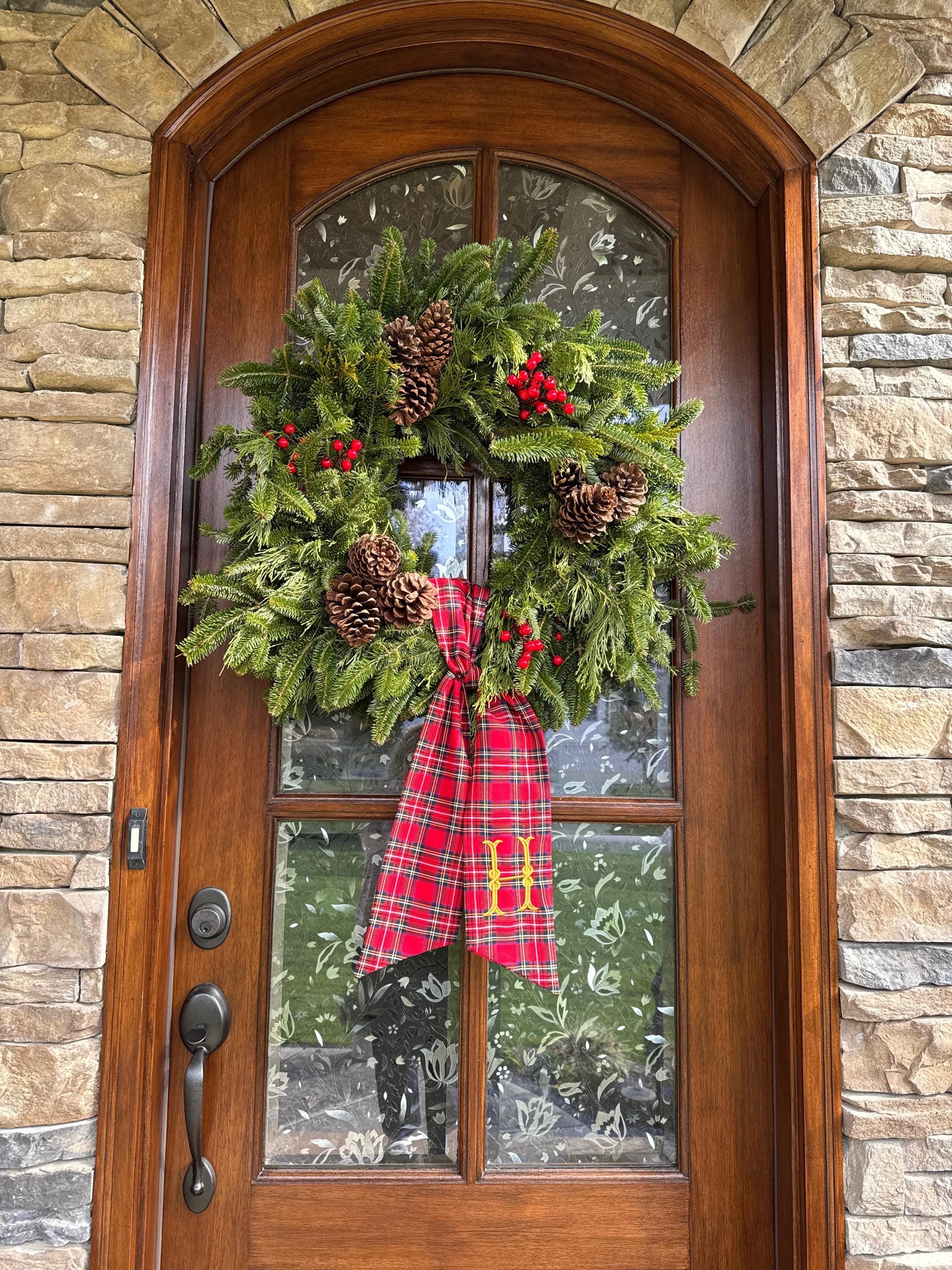 Christmas Tartan Plaid Wreath Sash with Monogram, Wreath Bow, Monogram Front Door, Housewarming Gift, Wedding Decor, Bridal Gift