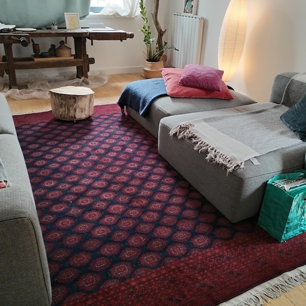 Vintage Blue Red Pictorial Rug, 8'3 X 4'2 Ft, Navy Blue Hand Knotted ...