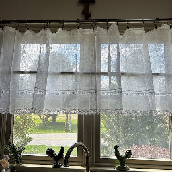 White Linen Curtain Romantic Cafe Curtains Window Panel French Country Kitchen Curtain.custom ...