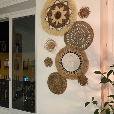 Set of 8 Natural Wall Decor, Boho Wall Art, Boho Wall Basket and Wall Decor, Wicker Round Wall ...