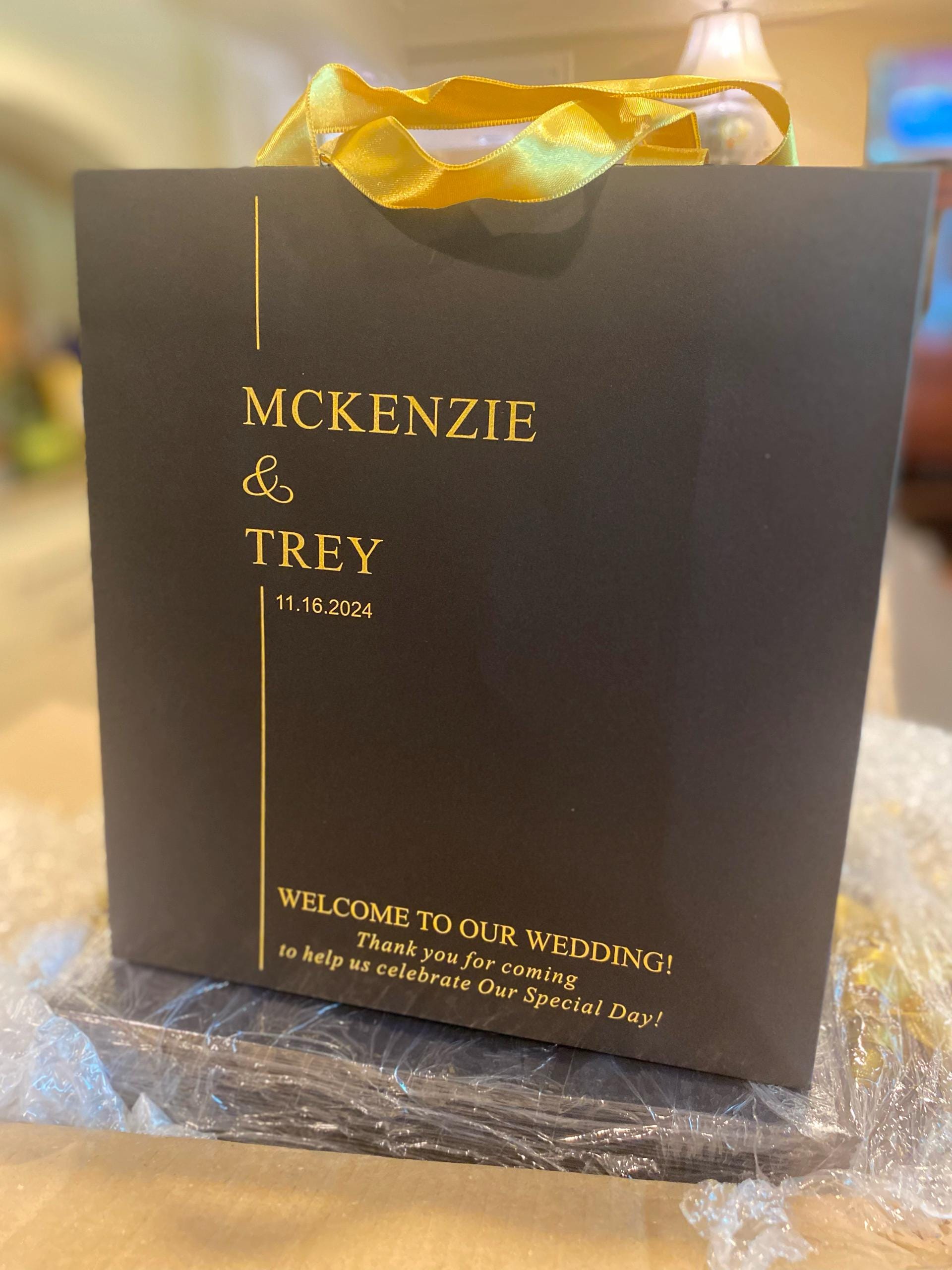 40 elfenbeinfarbene Willkommenstüten für die Hochzeit mit Satinbandgriffen und Ihren Namen, elegante personalisierte Hochzeitsgeschenke und Gastgeschenke