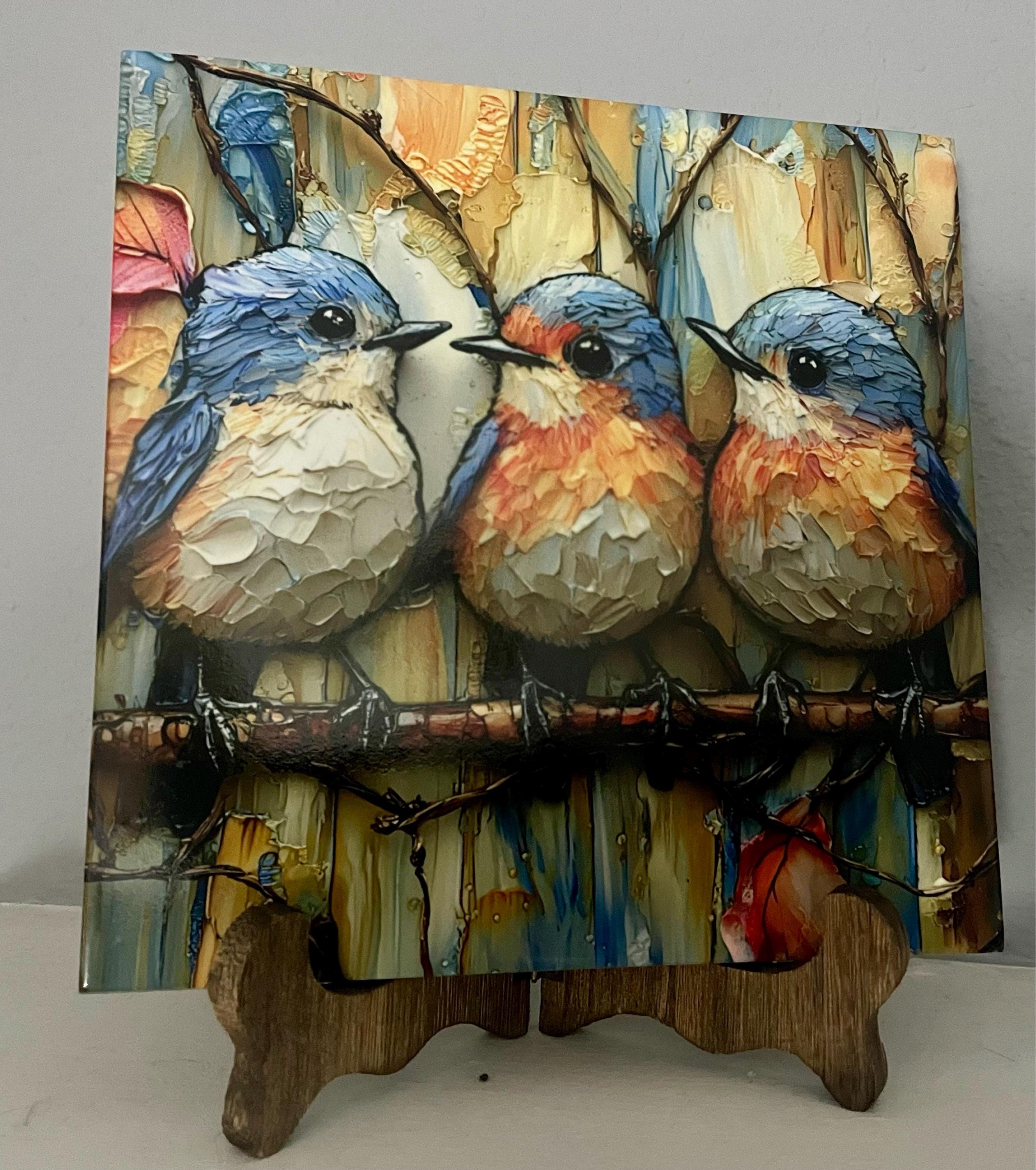 Row of Bluebirds Decorative Tile Ceramic Art Tile Wall Decor Bookshelf Book Nook Wall Art Gift for Her House Decoration