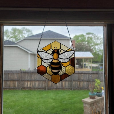 Stained Glass Window Hanging Honeybee Honeycomb Flowe Deco