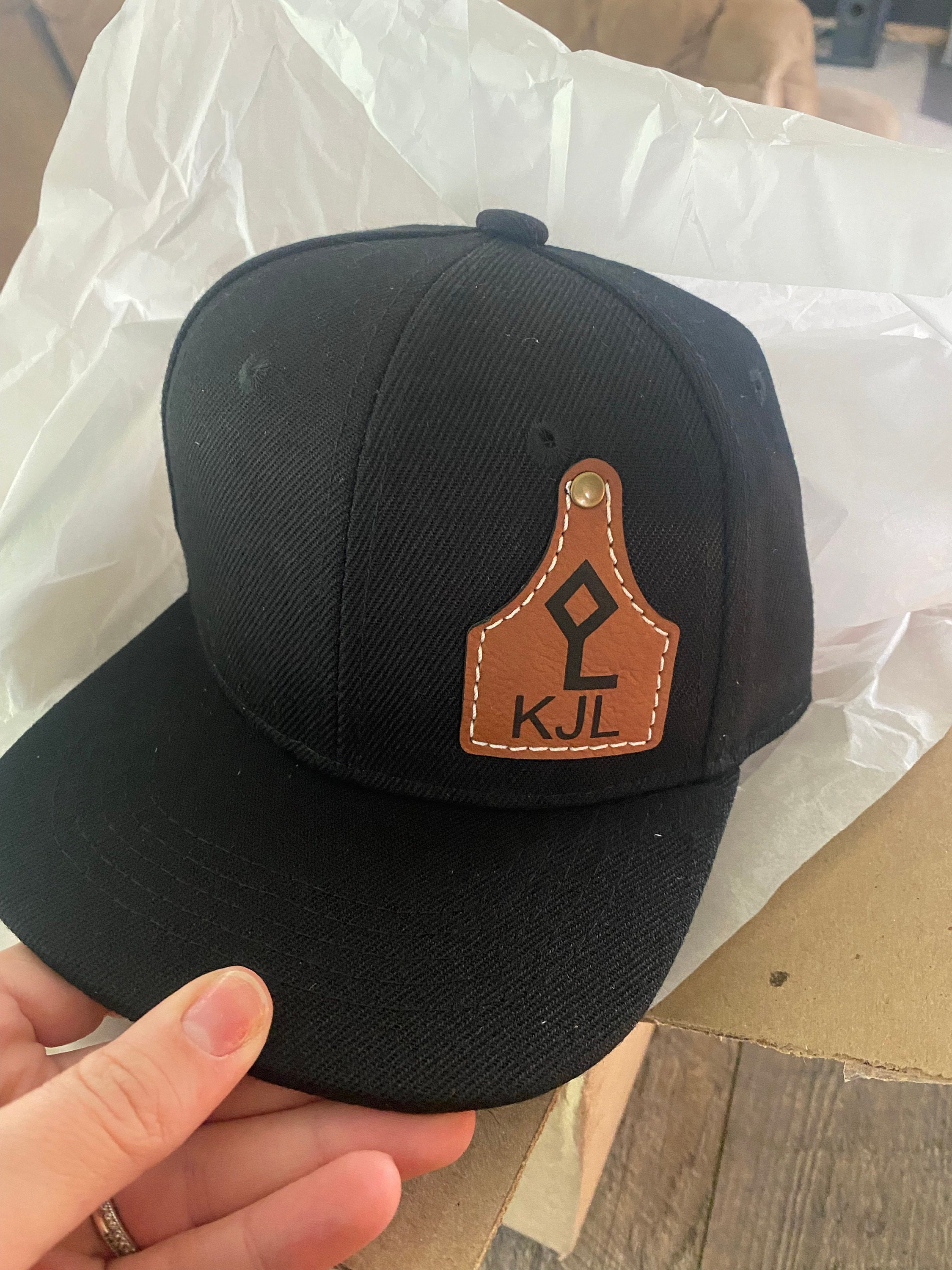 Custom Cow Tag Hat Kid Size, Cattle Tag Rancher Hat, Personalize Baby Toddler Youth kid Cowboy cap, ranch brand logo initials leather patch