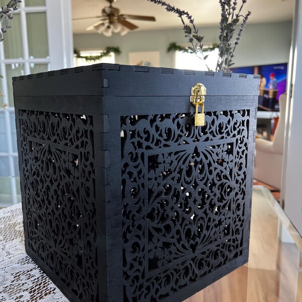 Personalized Black Wedding Card Box With Lock, Wooden Envelope Holder ...
