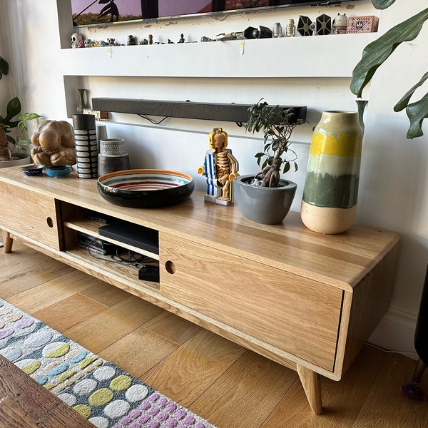 Dark Oak Low TV Cabinet With Large Storage. 180cm Wide. Sliding Doors ...