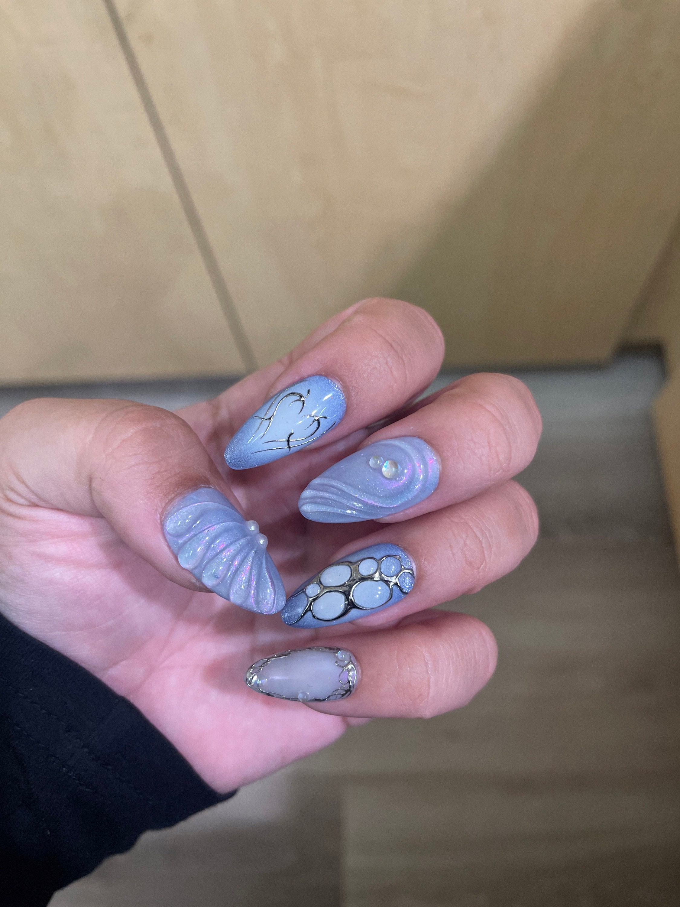 Free Style Blue Mermaid Almond Press On Nails, Handpainted Fake/False Nails, Prom/Event/Birthday Nails, Goth/Gothic/Y2K/Aura Nai