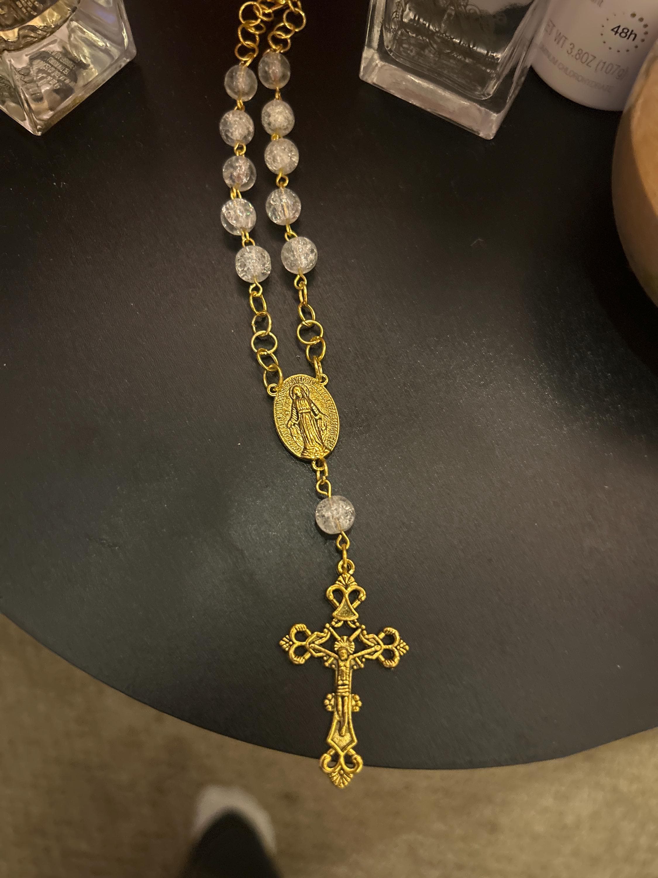 Rear View Mirror Car Rosary Beads - Antique Gold Cross Pendant - Car Protection Beads - New Glass Bead Colors!