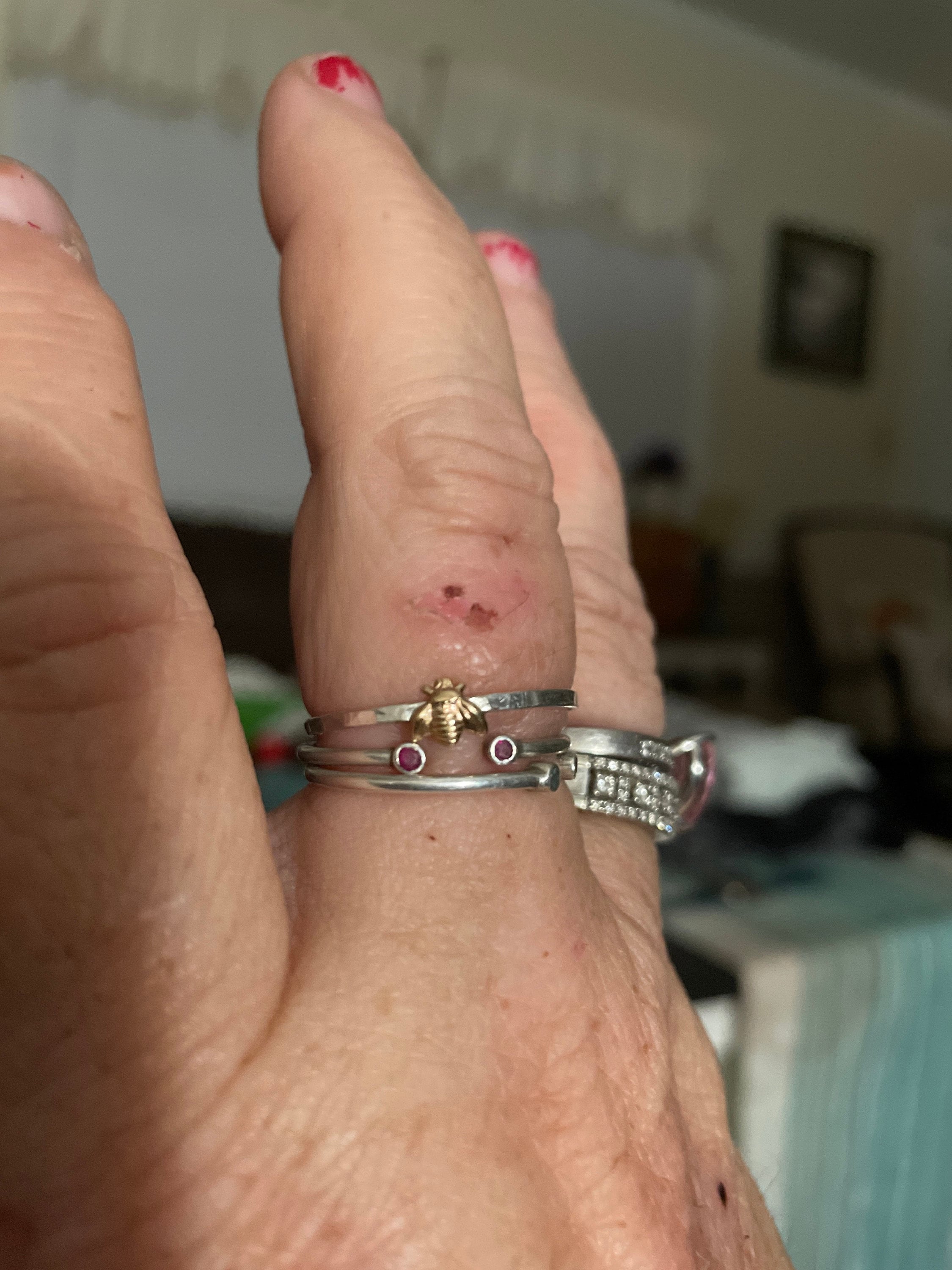 Simple tiny sterling silver bee ring, silver and gold brass stacking ring, hammered band ring, gift for women
