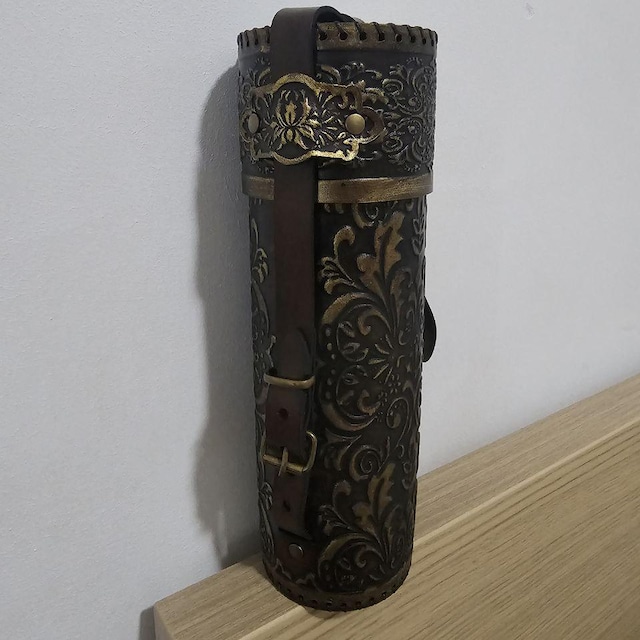 Ornated Leather Scroll Case: Exquisite Document Tube for