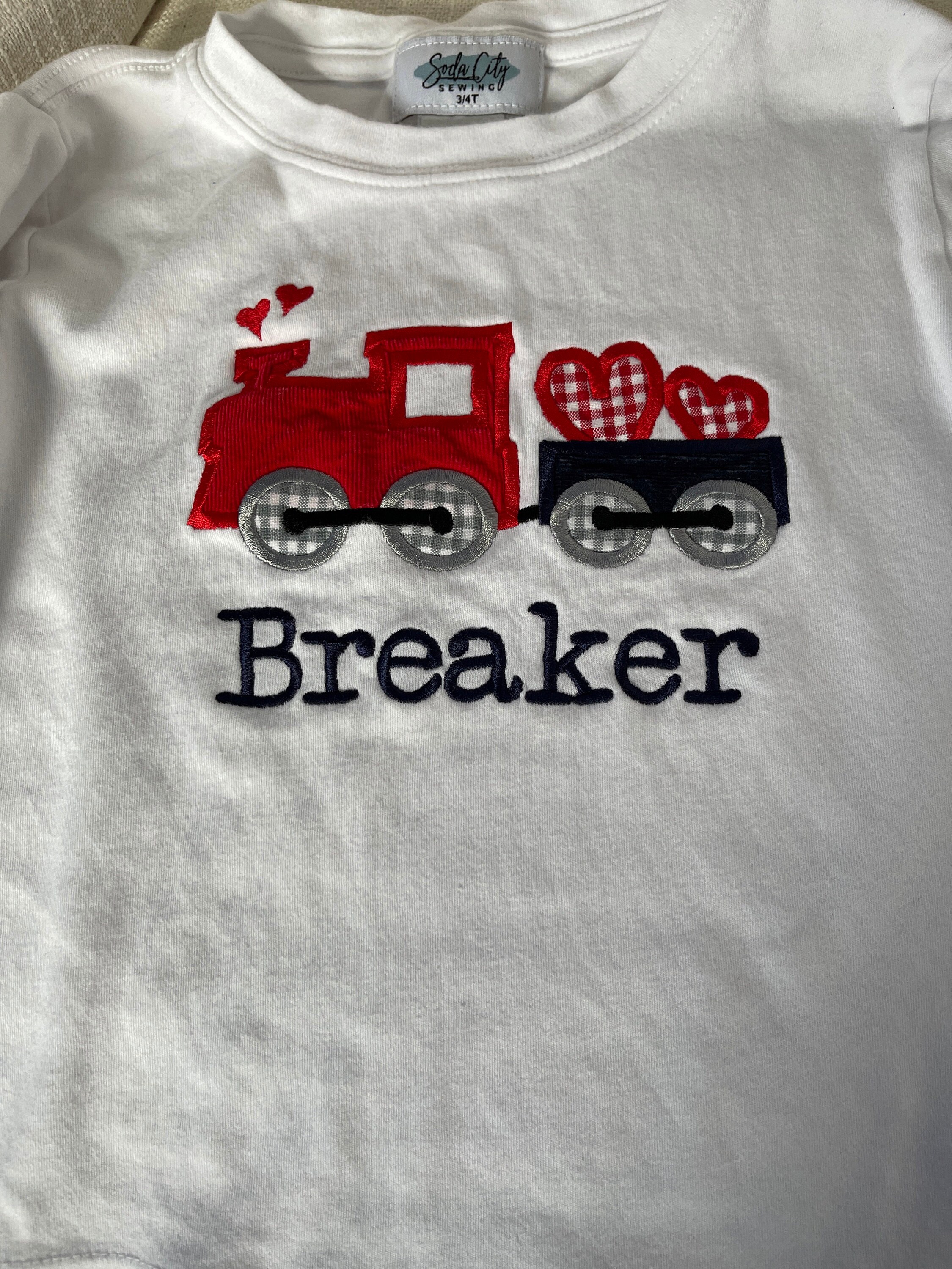 Valentine&#39;s Day Train Shirt - Toddler Boy Valentines Outfit - Personalized Train Hearts Applique Tee - Navy Corduroy Pants - Monogrammed