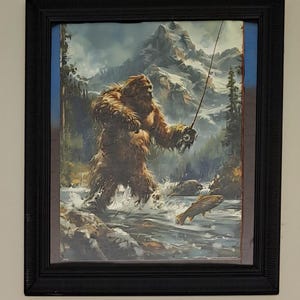 Vintage Sasquatch Fishing Art Print: Bigfoot Trout Decor (11x14