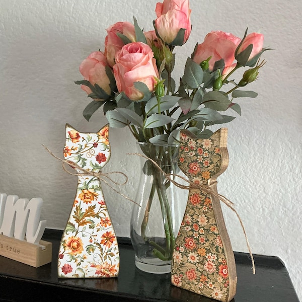 Wood Cat Home Accents, Fall Cottagecore Cat Decor, Floral Wooden Cat ...