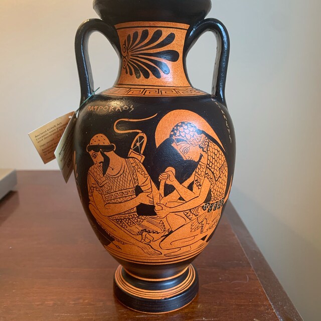 古代ギリシャの花瓶 22 cm、赤像式アンフォラ、アキレスとパトロクロス