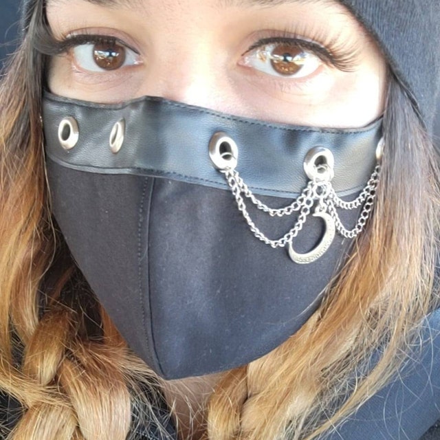 Goth Moon Face Mask: Faux Leather & Chain - Reusable Cotton Blend