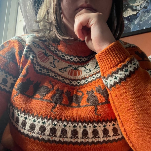 Pumpkins Cats Handmade Sweater Jumper. Acrylic Vegan Wool, Fall