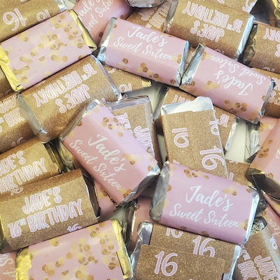 Personalized Pink and Gold Sweet 16 Party Favor Candy Wrappers for ...