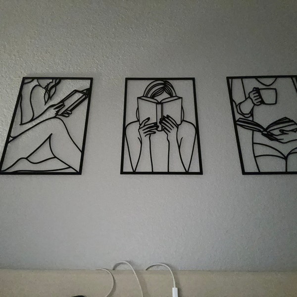 3 Set Bookish Wood Wall Decor, Minimalist Line Art, Book Wall Art ...