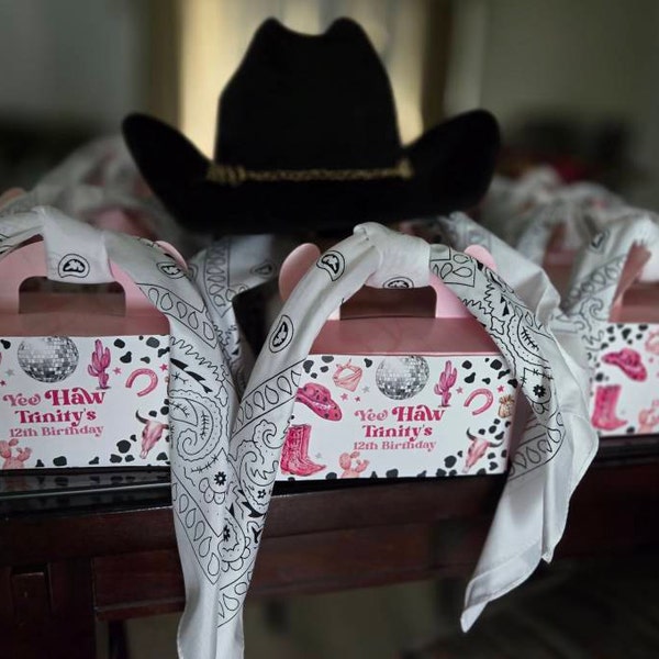 Pink Rodeo Theme Gable Box Editable Space Cowgirl Birthday Party Gable Box Favor Label Disco ...