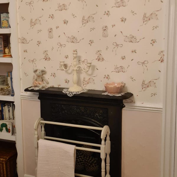 Pink Rabbits on White DEKORNIK Wallpaper, Nursery Wall Decor, Delicate ...