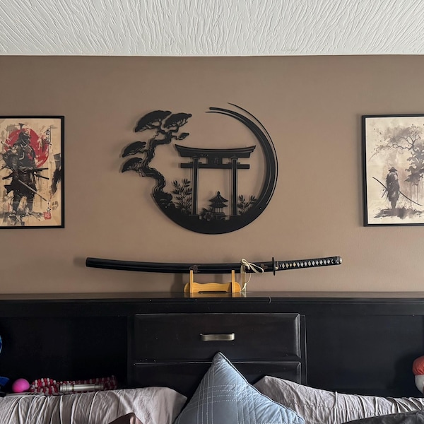 Enso Circle With Torii Gate Metal Wall Decor, Japanese Bedroom Decor ...