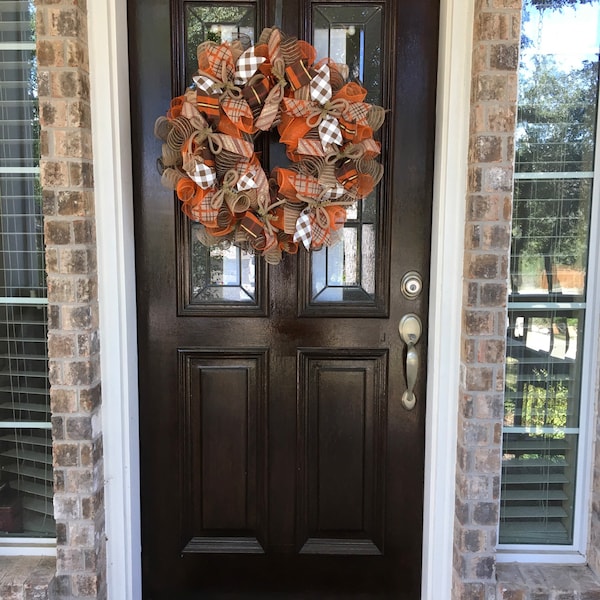 Fall Thanksgiving Mesh Front Door Wreath - Orange Brown Burlap Wreath ...