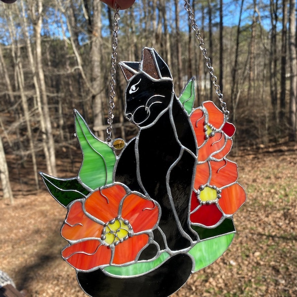 Suncatcher Black Cat in Poppy Flowers Stained Glass Window Hangins ...
