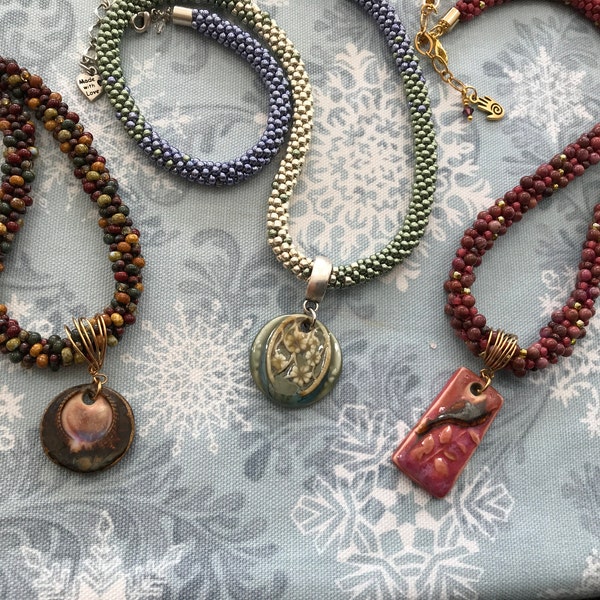 View of Set Ceramic Pendants, 4 Artisan Pendants of Porcelain, Boho Necklace ...
