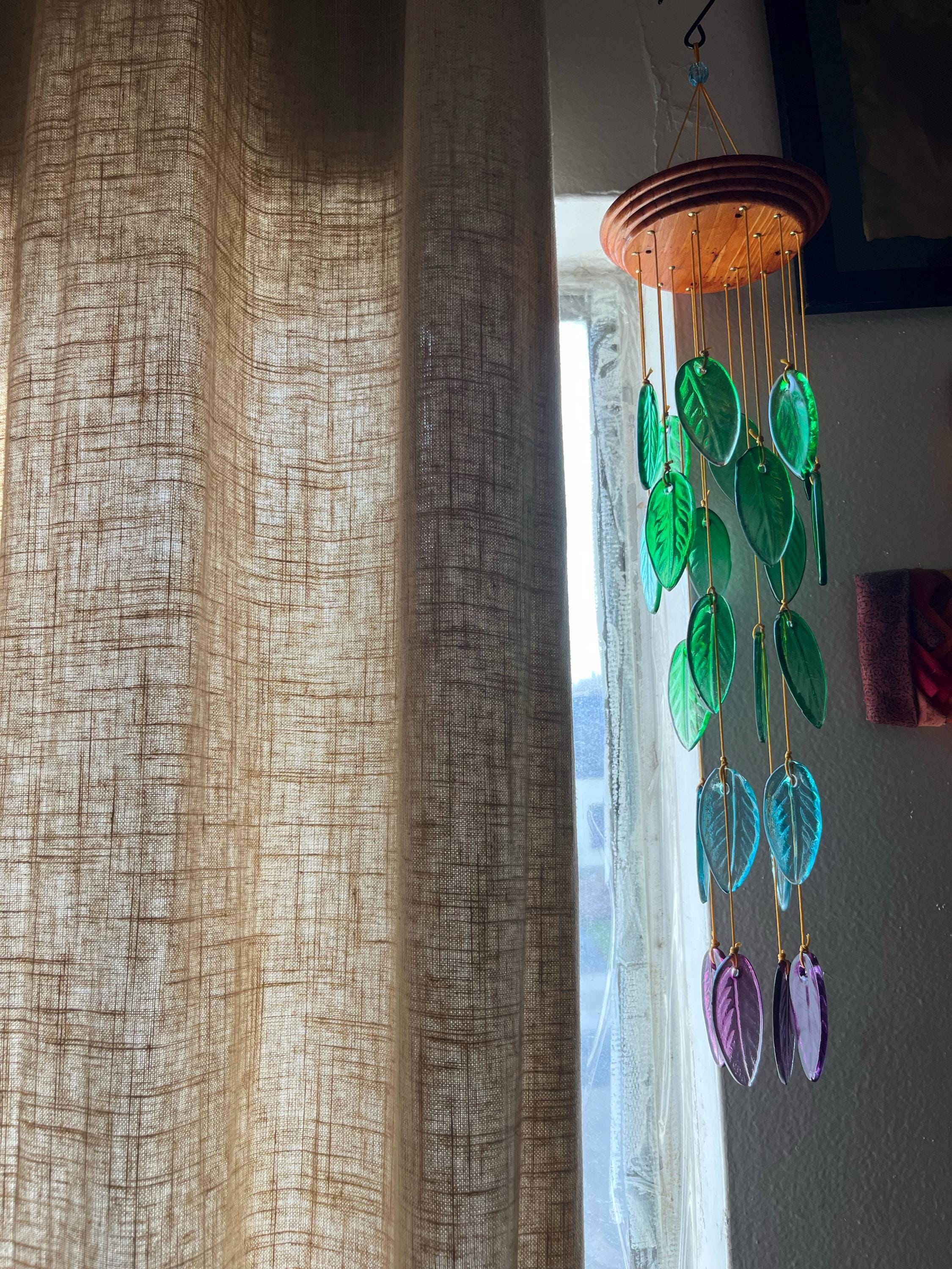 Rainbow colored Glass Leaves Wind Chime, Free Shipping.  Personalized Card on Request. Gift for  Mother. Father, Mom or Friend. Upcycle Art.