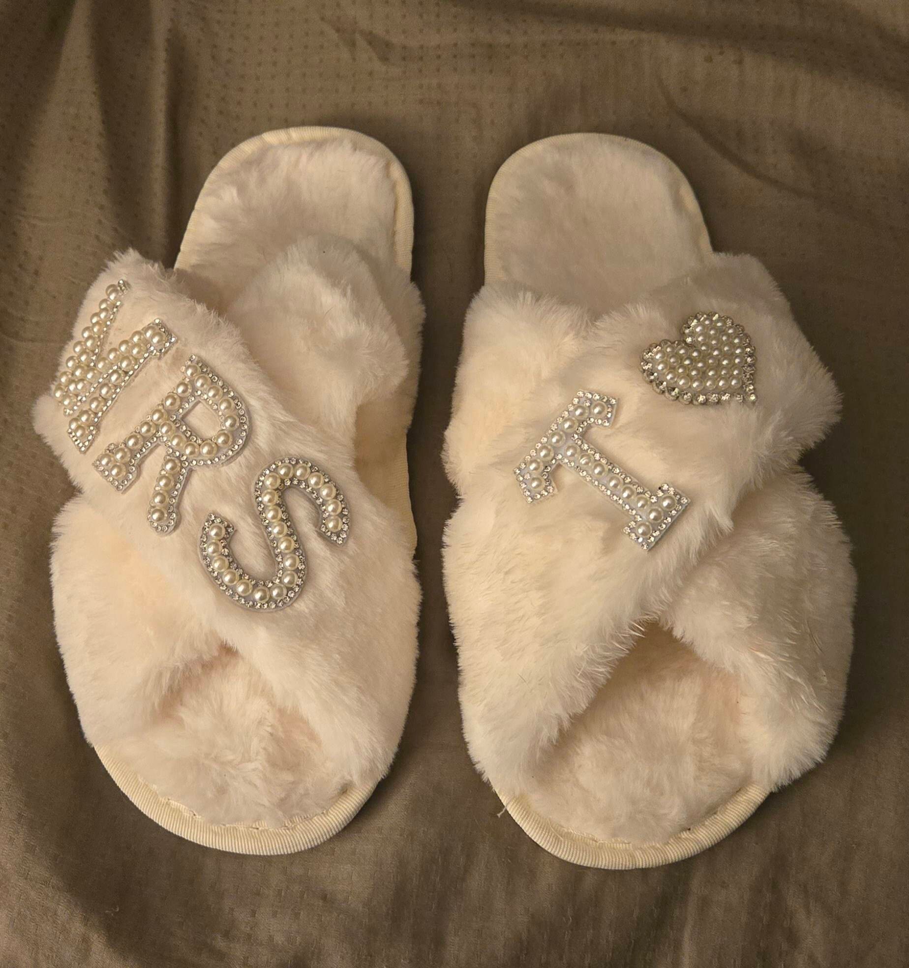 Bridal Mrs Wedding slippers, Custom Mrs Fluffy Slippers with pearls letters, Bridal Shower Gifts, Gifts For Her, Bridal Slippers, Slippers
