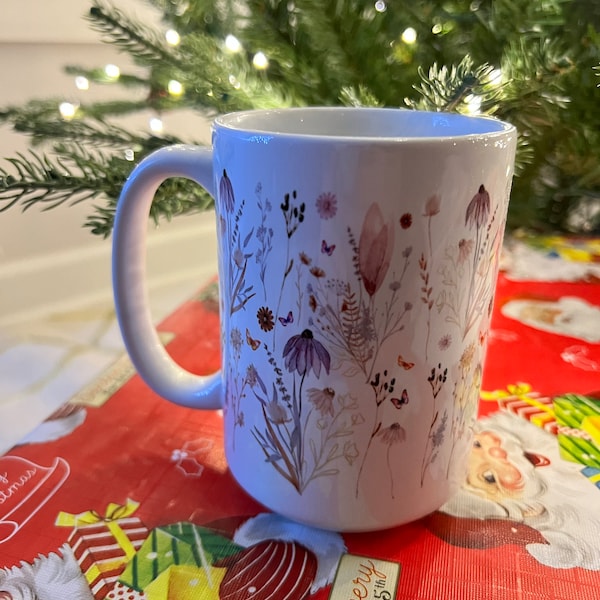 Boho Wildflowers Cottagecore Coffee Mug, Pressed Flowers Mug, Pastel ...