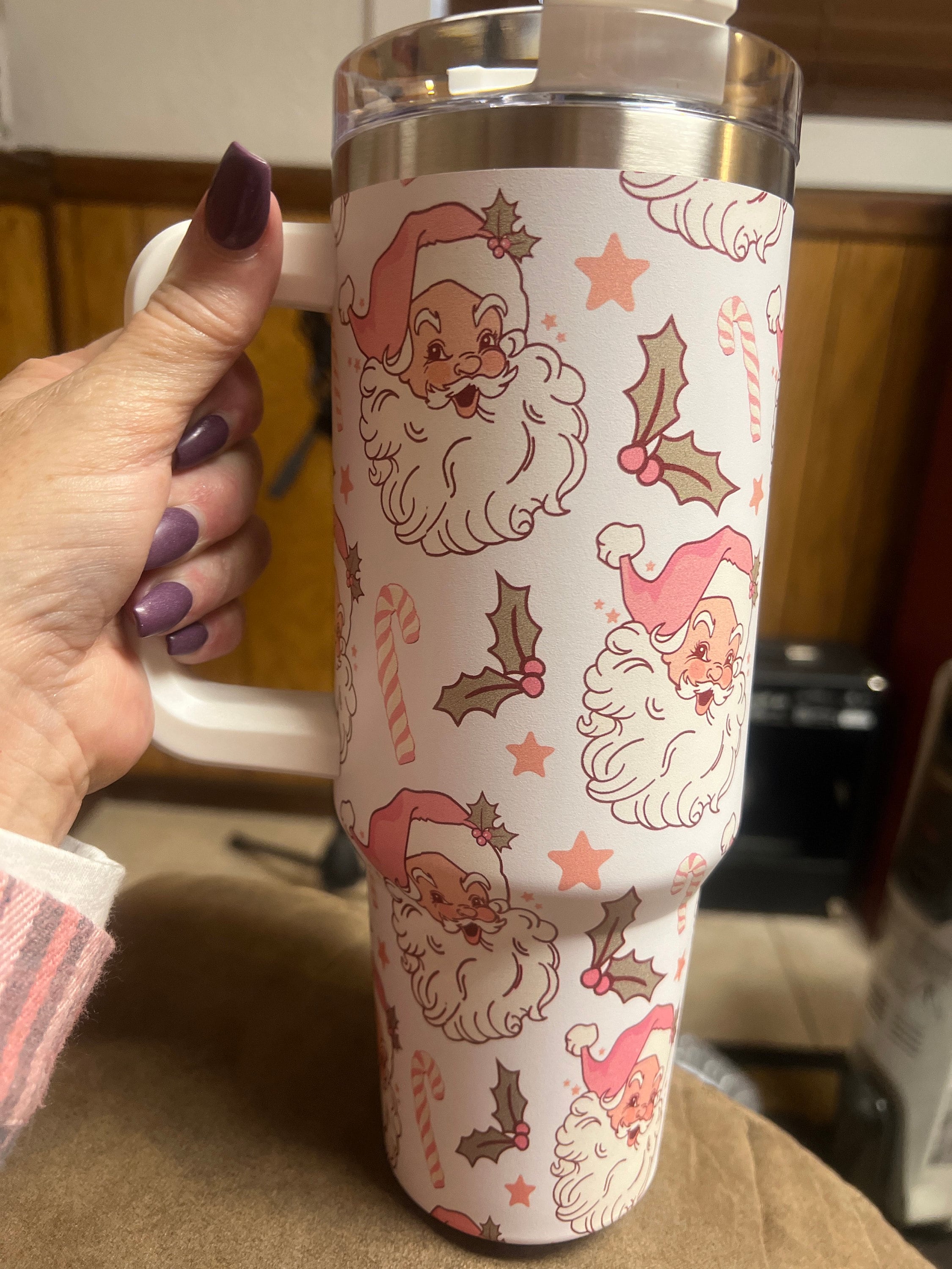 Christmas Pink Santa Claus 40oz Tumbler, Retro Santa Christmas Tumbler, Christmas Family Trip Tumbler, Stainless Steel Tumbler with Straw