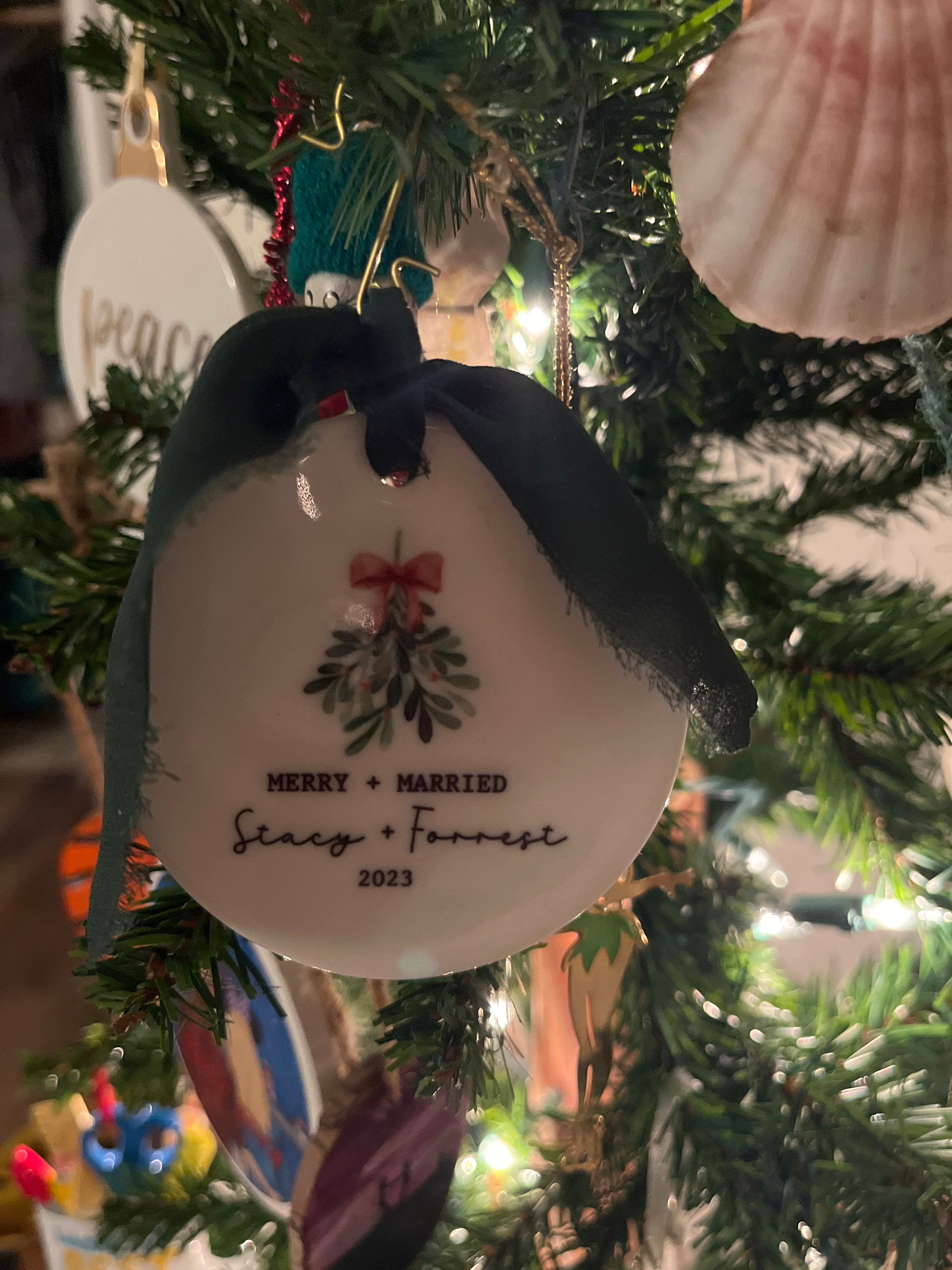 Merry and married ornament mr and mrs first christmas married wedding day just married newlywed christmas gift idea year personalized names
