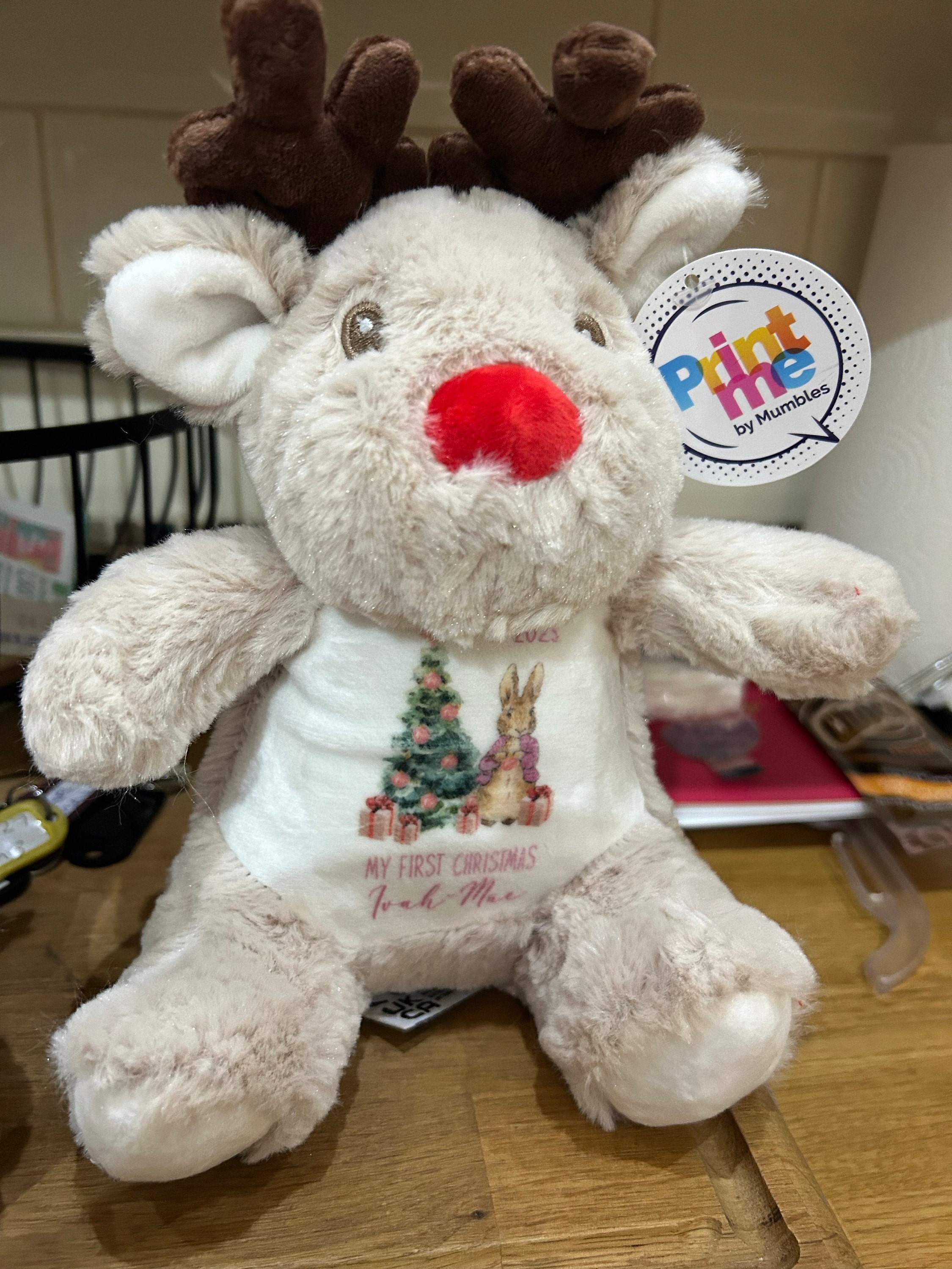 Personalised Small Rudolf Reindeer Christmas Teddy Bear Plushie Baby&#39;s First 1st Xmas Children&#39;s Kids Name Gift Present Keepsake