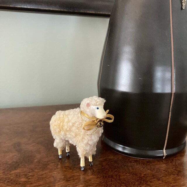Vintage German Putz Wool Sheep Ornament: Wood Lamb With Satin Bow