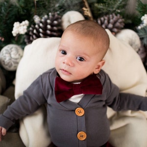 Bow tie Velvet Classic 1st Christmas Newborn Baby Boy Christmas Outfit Vintage Inspired Cardigan Set with Pants Dark Gray /& Burgundy