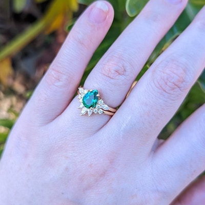 2PCS Pear Shaped Emerald Engagement Ring Set Vintage Yellow Gold Unique ...