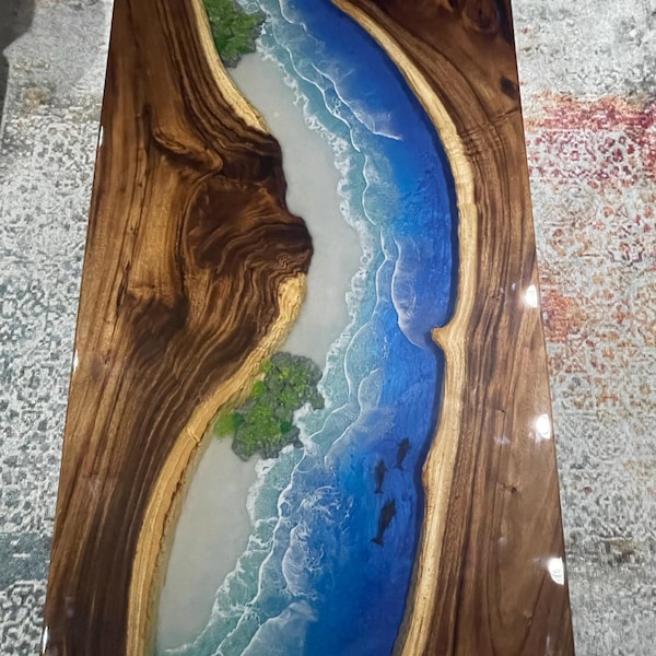 Custom Beach Sand & Ocean Wave Epoxy Resin Dining Table. Handcrafted ...