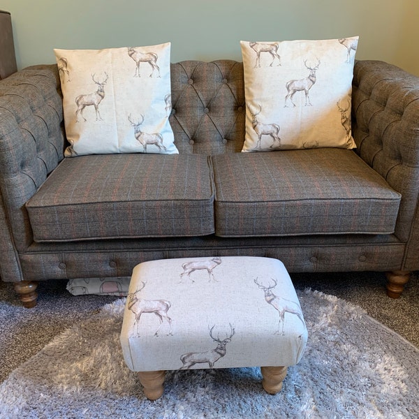 Stag Pattern Footstool Small Stag Print Footstool - Turned Waxed/mahogany Legs - 46cm X 31cm X ...