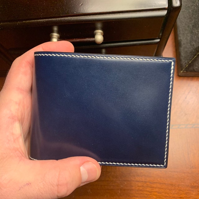Navy Blue Shell Cordovan and Buttero Leather Bifold Wallet Navy Blue Shell Cordovan and Buttero Leather Bifold Wallet